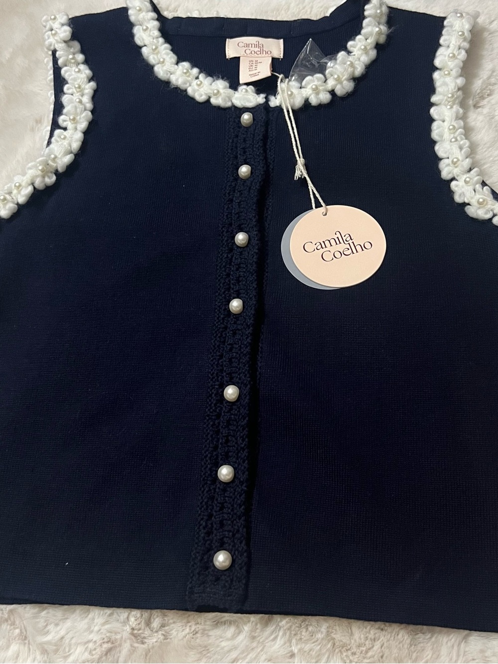 Camila Coelho Navy Sleeveless Pearl-Trim Knit Top